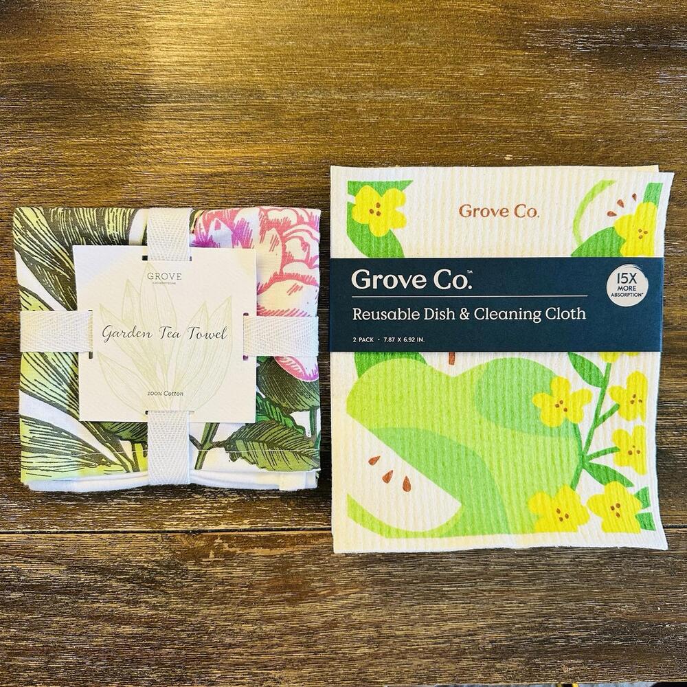 Grove Co Garden Tea Towel Cotton Floral + Reusable Dish & Cleaning Cloths NEW